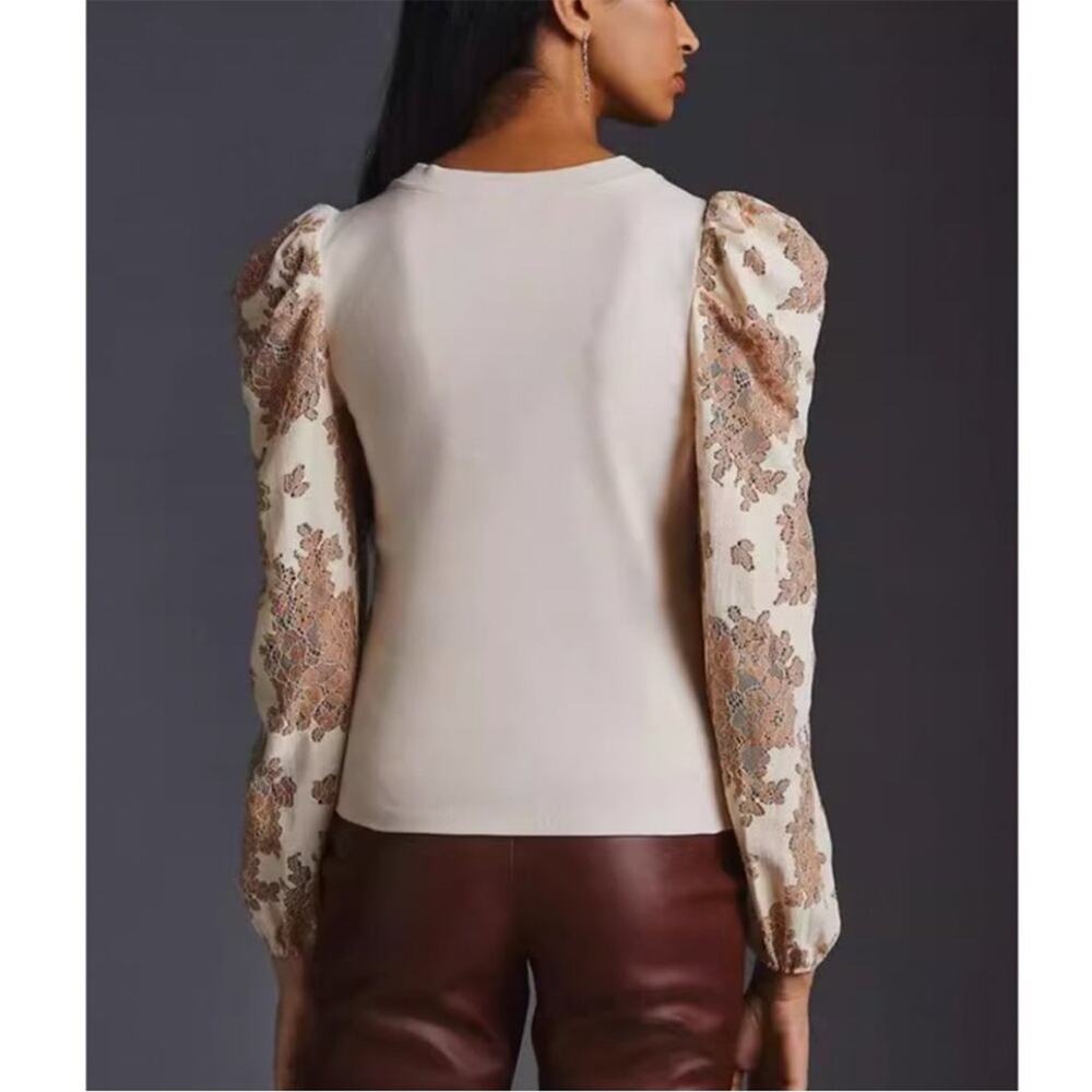Anthropologie Dolan Lace Puff-Sleeve Top Sz S tan - Picture 3 of 9